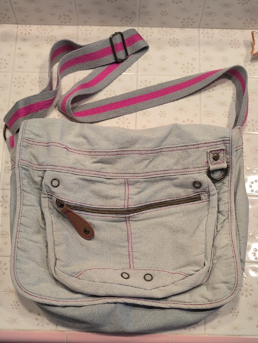 Target Light Denim Crossbody Bag with Pink-Gray Striped Strap